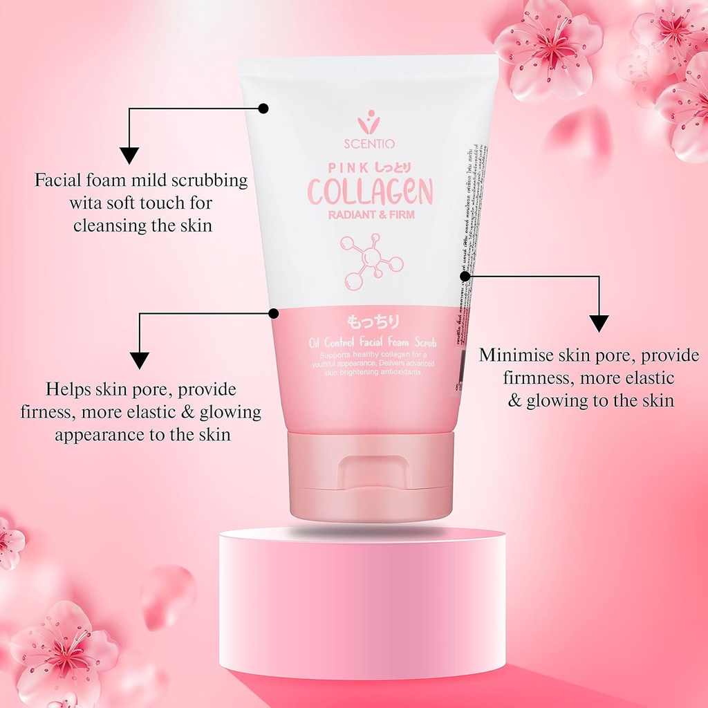 SCENTIO PINK COLLAGEN  RADIANT & FIRM OIL CONTROL FACIAL FOAM SCRUB	 